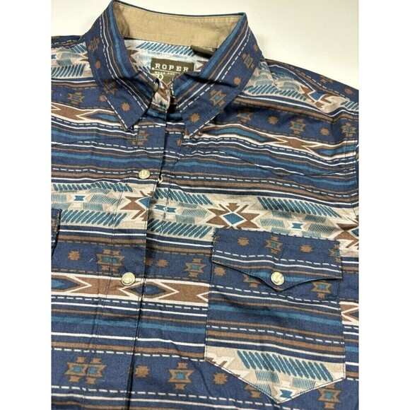 Roper Wear the West Button Down Shirt Navy Brown Medium Southwest Aztec Print - Picture 10 of 11